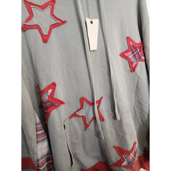 Easel Clothing Star Patch Mineral Washed Hoodie Pullover Sage Plaid Detail 1X - Picture 5 of 7